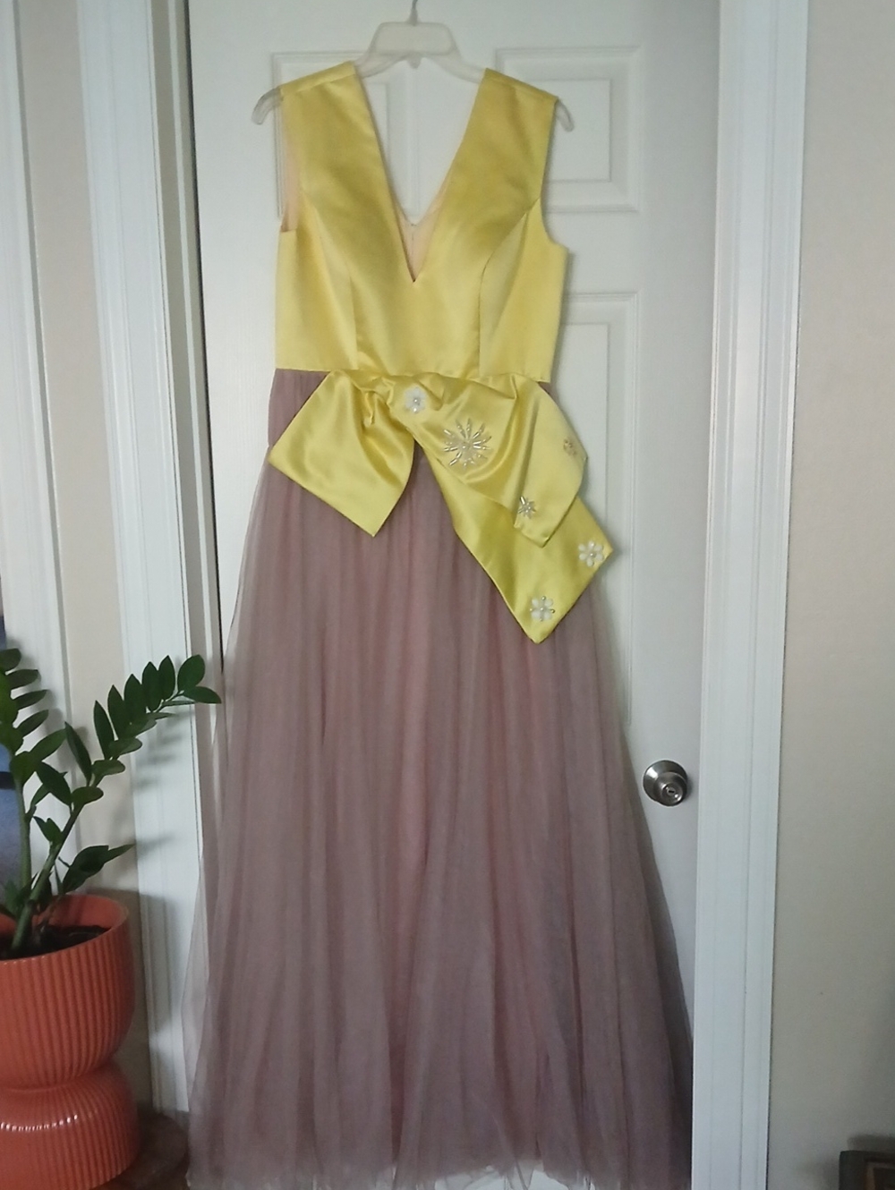 Yellow Satin Bodice and Mauve Tulle Skirt Party Dress Size L